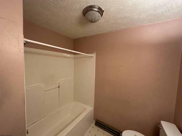 bathroom with visible vents, a textured ceiling, bathing tub / shower combination, and toilet