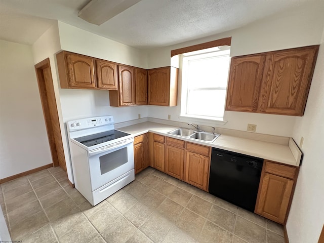 kitchen with a sink, black dishwasher, light countertops, brown cabinets, and white electric range oven