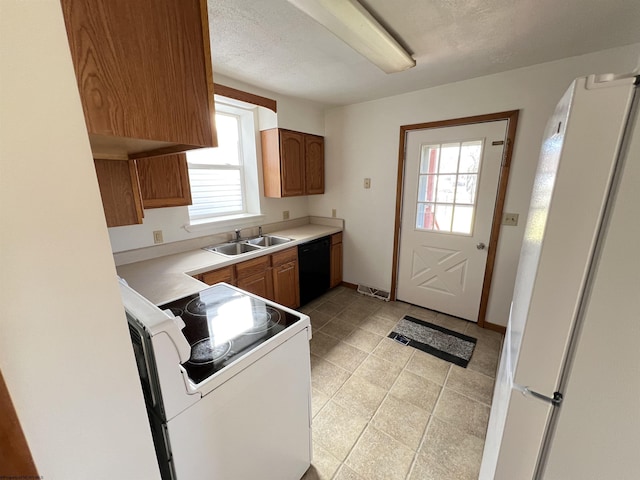 kitchen with brown cabinetry, white appliances, light countertops, and a sink