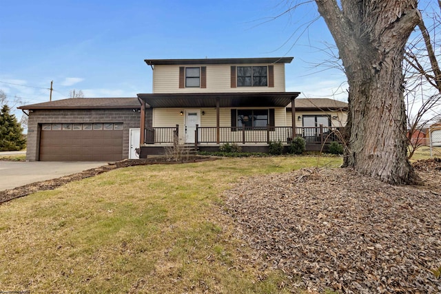 traditional-style house featuring covered porch, concrete driveway, an attached garage, and a front yard