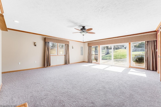 unfurnished living room featuring a healthy amount of sunlight, carpet, and ornamental molding