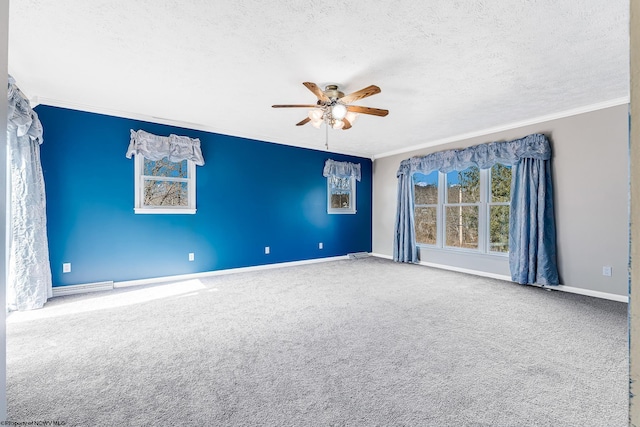 empty room featuring a ceiling fan, carpet, crown molding, and a textured ceiling