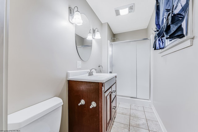 full bath with toilet, a stall shower, tile patterned flooring, and vanity