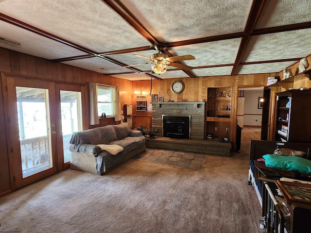 168 Locust Heights Dr, Clarksburg, WV 26301 - living area featuring wooden walls, coffered ceiling, and a textured ceiling