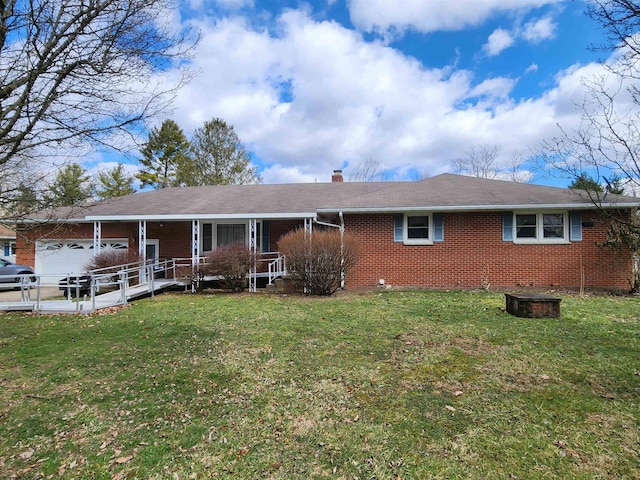 168 Locust Heights Dr, Clarksburg, WV 26301 - ranch-style home featuring brick siding, a porch, a front yard, a chimney, and an attached garage