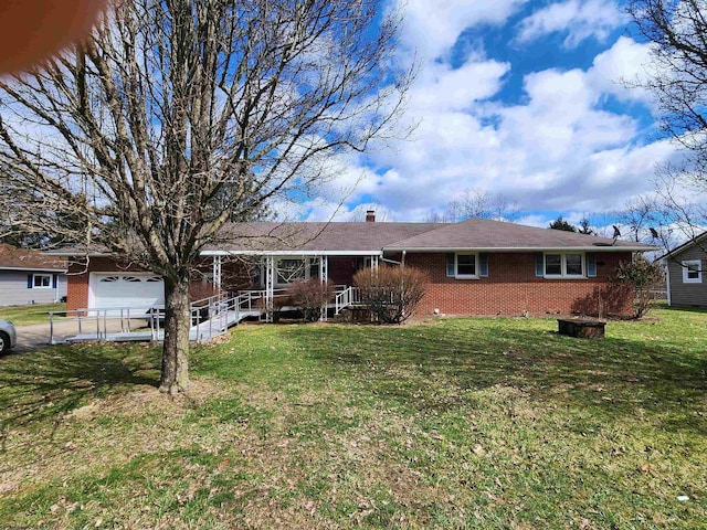 168 Locust Heights Dr, Clarksburg, WV 26301 - ranch-style home with a front yard, a garage, brick siding, and a chimney