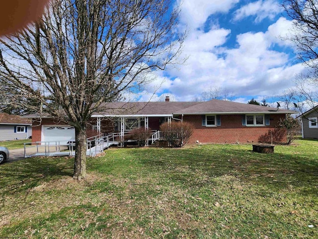 168 Locust Heights Dr, Clarksburg, WV 26301 - ranch-style home with a chimney, brick siding, covered porch, and a front lawn
