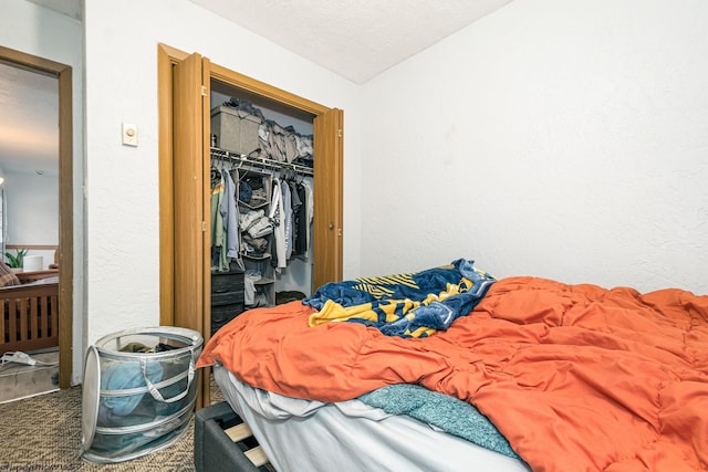 bedroom with a closet, a textured ceiling, carpet flooring, and a textured wall