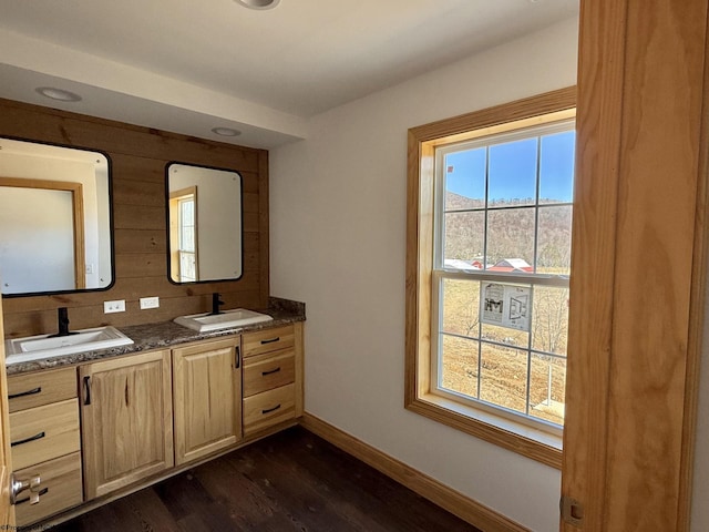 bathroom with a sink, baseboards, and wood finished floors