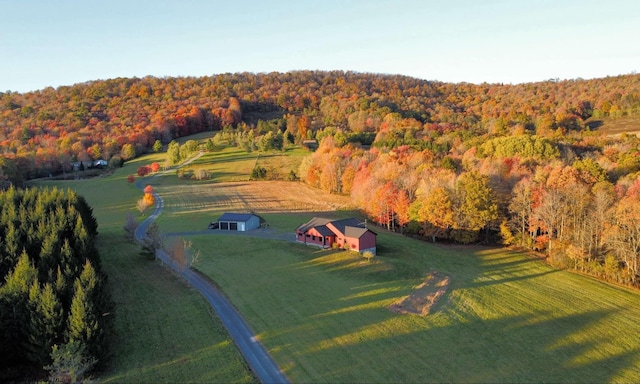 drone / aerial view featuring a rural view and a wooded view