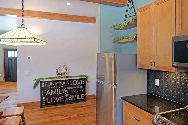 kitchen featuring open shelves, light wood-style flooring, decorative backsplash, appliances with stainless steel finishes, and decorative light fixtures