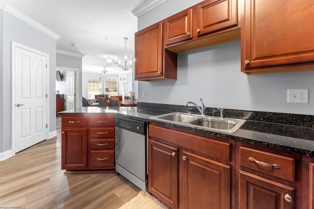 kitchen with dishwasher, crown molding, light wood-type flooring, and a sink