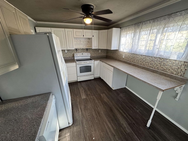 kitchen featuring white appliances, ceiling fan, dark wood-type flooring, white cabinets, and backsplash