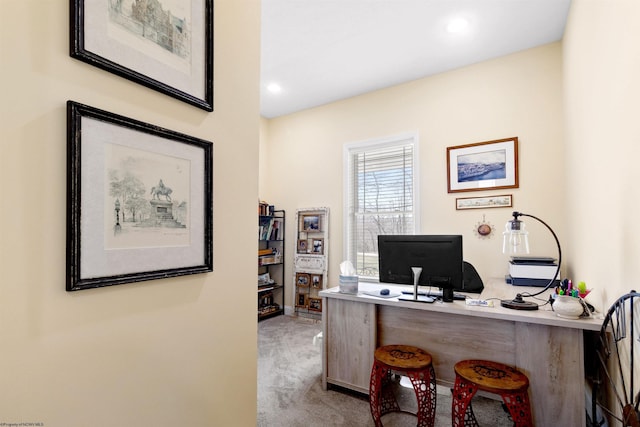 carpeted office featuring recessed lighting