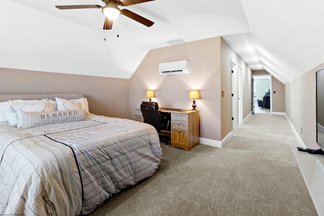 bedroom featuring baseboards, ceiling fan, light colored carpet, lofted ceiling, and a wall mounted AC