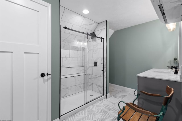 bathroom with vanity, baseboards, recessed lighting, a stall shower, and marble finish floor