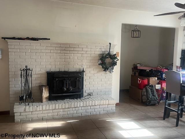 15401/2 Country Club Rd, Fairmont, WV 26554 - living area featuring a ceiling fan, tile patterned floors, and a brick fireplace