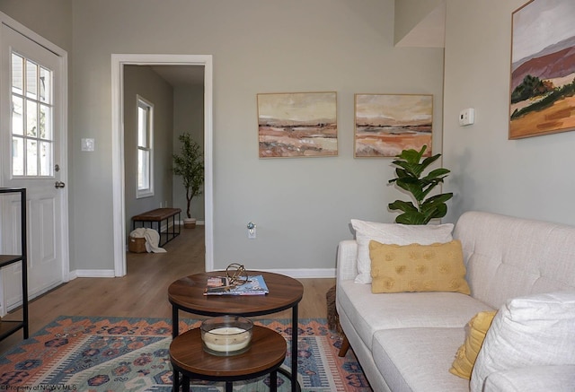 living area featuring baseboards and wood finished floors