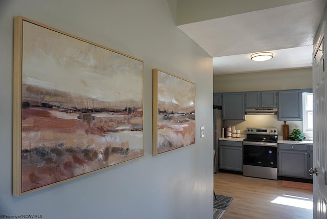 kitchen featuring light wood-type flooring, gray cabinets, under cabinet range hood, appliances with stainless steel finishes, and light countertops