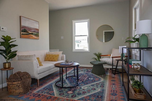 living area with baseboards and wood finished floors