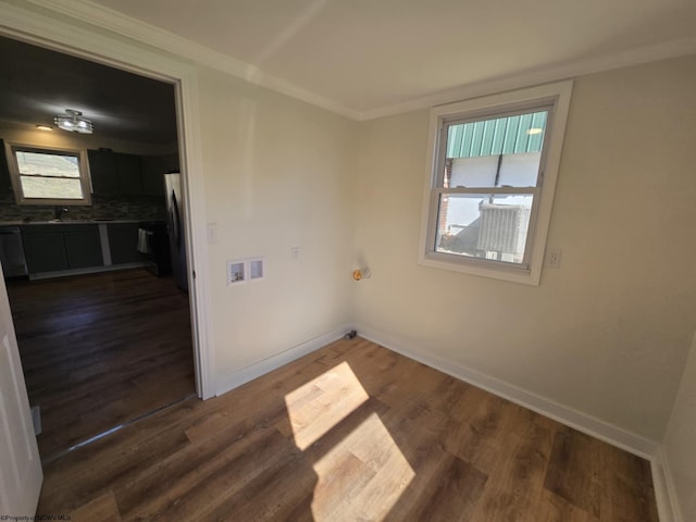 empty room featuring dark wood finished floors, a healthy amount of sunlight, baseboards, and a sink