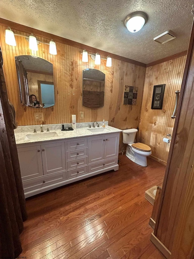 full bathroom featuring double vanity, toilet, wood-type flooring, and a sink