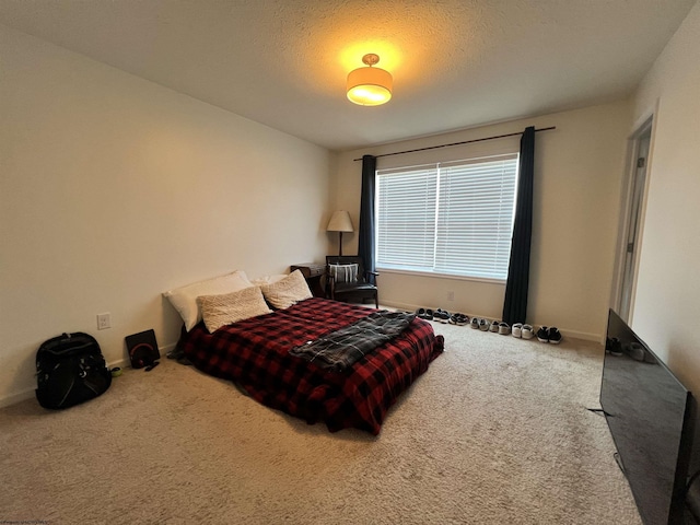 bedroom featuring a textured ceiling, baseboards, and carpet