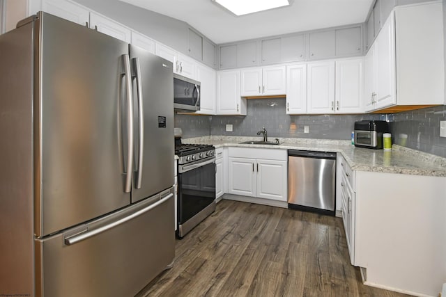 kitchen featuring tasteful backsplash, dark wood-type flooring, stainless steel appliances, white cabinetry, and a sink