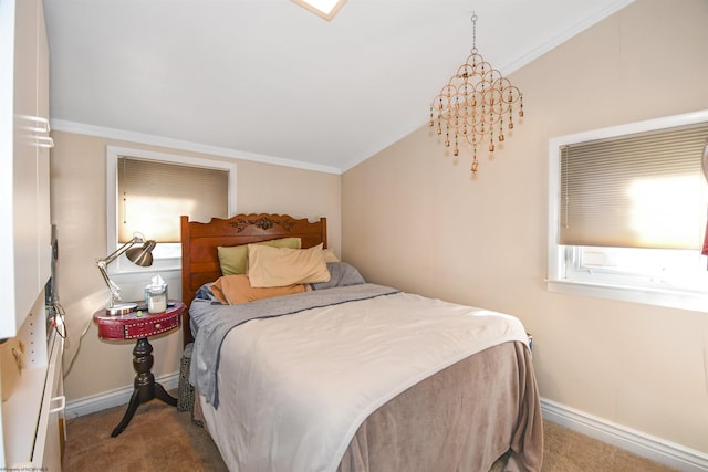 bedroom featuring baseboards, carpet, crown molding, and vaulted ceiling