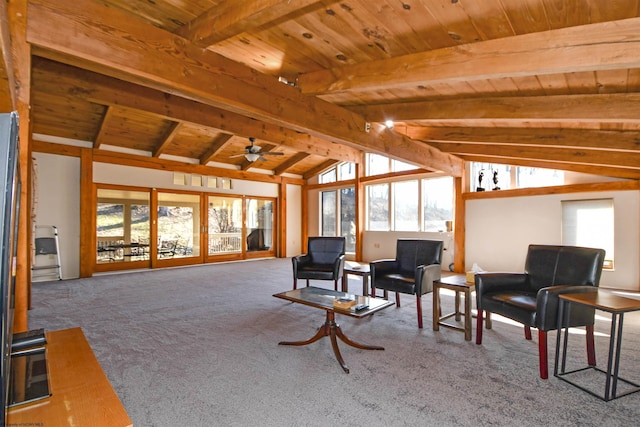 living area with lofted ceiling with beams, carpet flooring, wood ceiling, and a wealth of natural light