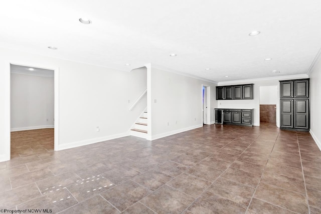 unfurnished living room featuring ornamental molding, recessed lighting, stairway, tile patterned flooring, and baseboards