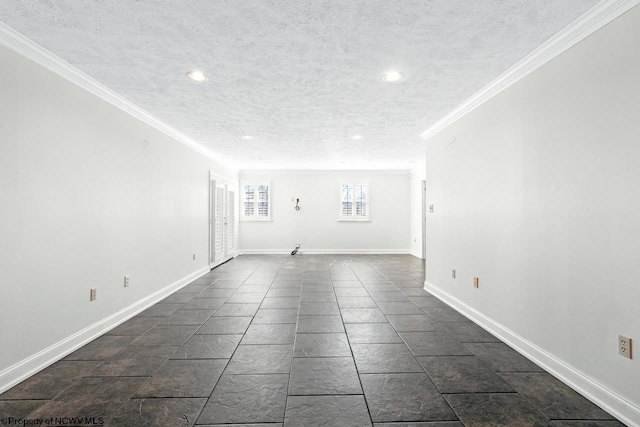 unfurnished room with recessed lighting, a textured ceiling, crown molding, and baseboards