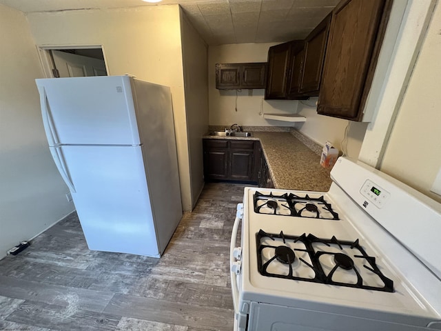 kitchen with a sink, white appliances, dark brown cabinets, and wood finished floors