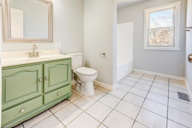 full bath with vanity, visible vents, baseboards, tile patterned flooring, and toilet