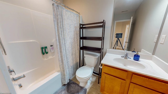 full bath featuring visible vents, shower / bathtub combination with curtain, toilet, tile patterned flooring, and vanity