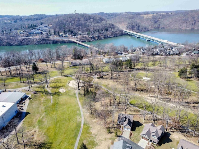 aerial view featuring a water view and a view of trees