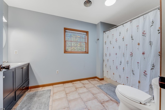 bathroom with visible vents, toilet, vanity, and baseboards