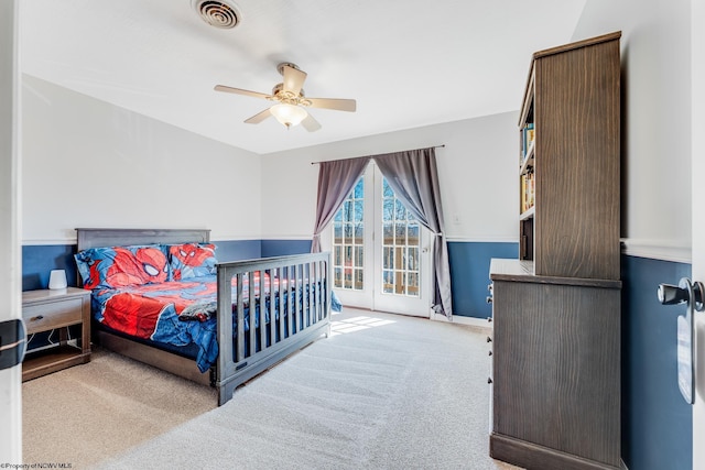 bedroom featuring carpet flooring, visible vents, and ceiling fan