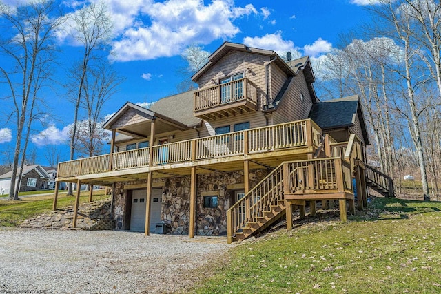 exterior space featuring a lawn, driveway, an attached garage, a shingled roof, and stairs