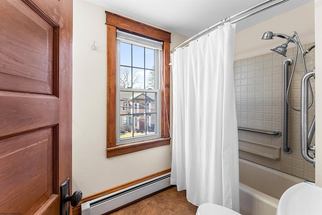 full bathroom featuring toilet, shower / tub combo with curtain, and a baseboard radiator