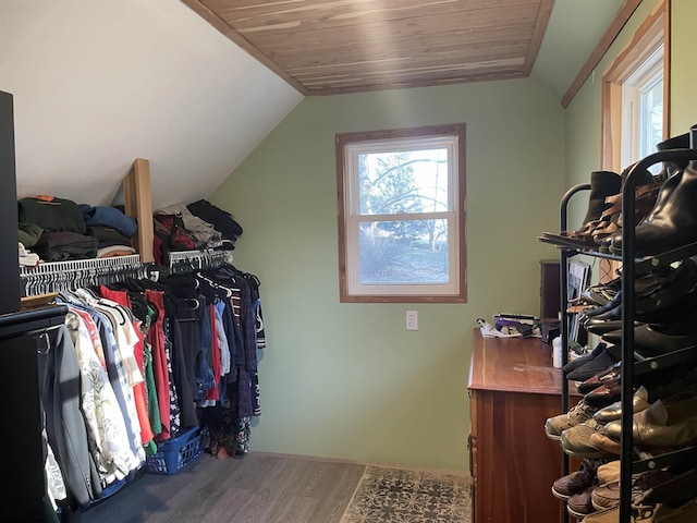 spacious closet featuring wood finished floors and vaulted ceiling