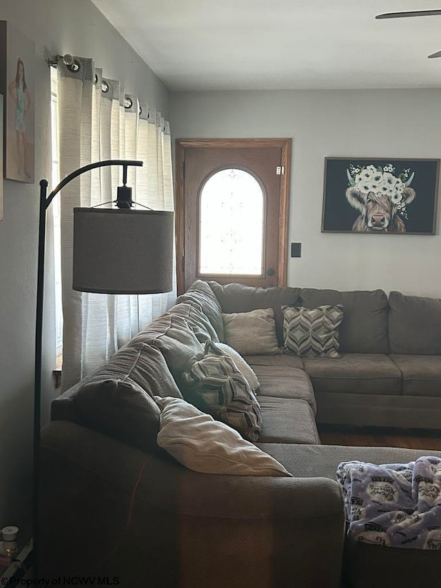 living area featuring a ceiling fan