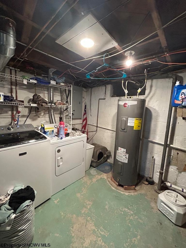 unfinished below grade area featuring electric water heater and washer and clothes dryer