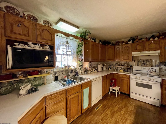294 Landmark Ests, Jane Lew, WV 26378 - kitchen featuring under cabinet range hood, white appliances, light countertops, and a sink
