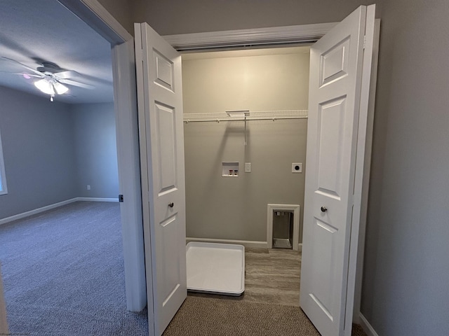 washroom with hookup for a washing machine, hookup for an electric dryer, laundry area, ceiling fan, and carpet flooring