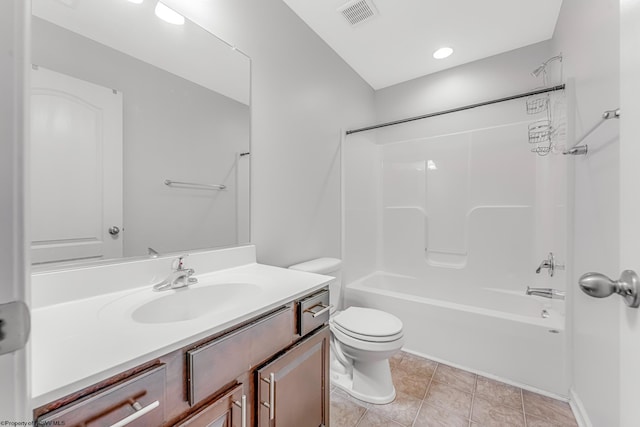 bathroom featuring vanity, visible vents, tub / shower combination, tile patterned floors, and toilet