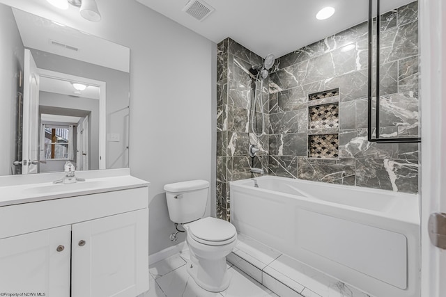 bathroom with visible vents, tub / shower combination, toilet, marble finish floor, and vanity