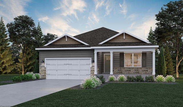 818 Bogey Ln, Maidsville, WV 26541 - view of front of home featuring stone siding, concrete driveway, a front lawn, a shingled roof, and a garage