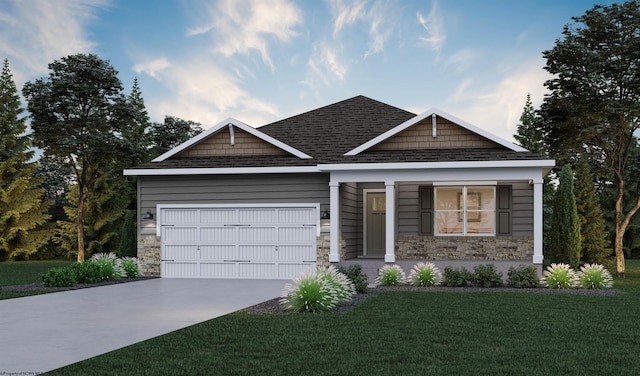 view of front of house with concrete driveway, roof with shingles, a front yard, a garage, and stone siding