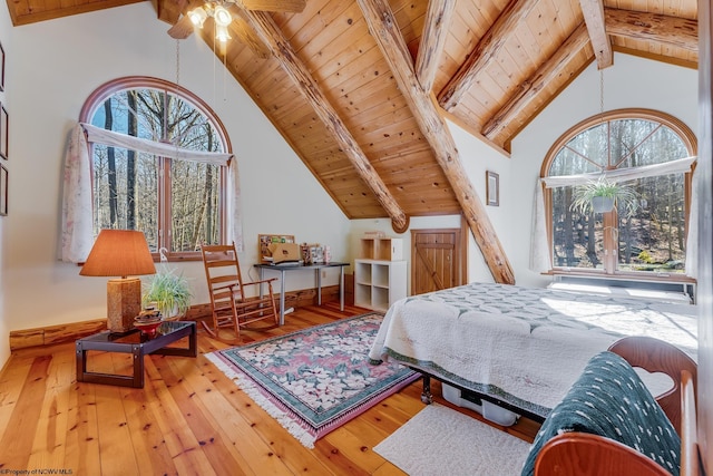 bedroom with multiple windows, wood ceiling, and hardwood / wood-style flooring